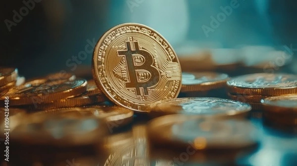Obraz Close-up of Bitcoin coins depicting the future of digital currency and investment in cryptocurrency markets.