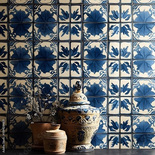 Fototapeta Intricate Pattern Inspired by Traditional Thai Tiles with Deep Colors and Glossy Finish for an Authentic Tiled Effect