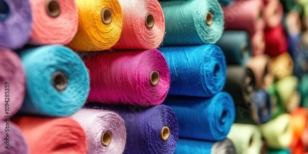 Obraz Colorful rolls of thread arranged neatly, perfect for sewing enthusiasts and craft projects.