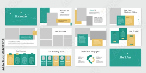 Fototapeta travel and tourism powerpoint slides presentation template. travel presentation layout design premium style