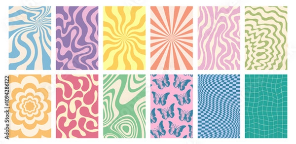 Fototapeta Groovy hippie 70s background set with swirl or twirl pattern, distorted wave, twisted texture, spiral checkerboard and brutalist geometric art in retro psychedelic y2k boho style. Groovy banner frame.