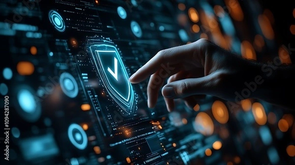 Fototapeta Businessman touching virtual shield and check mark icon