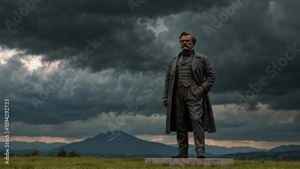 Fototapeta Statue of Friedrich Nietzsche: Nietzsche standing on a German meadow, wearing a black coat, with dark clouds over mountains and a contemplative gaze.