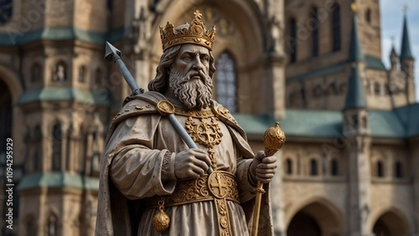 Fototapeta Statue of Charlemagne: Charlemagne dressed in a magnificent royal robe, holding a scepter, with medieval scenes of the Holy Roman Empire and European cityscapes in the background.