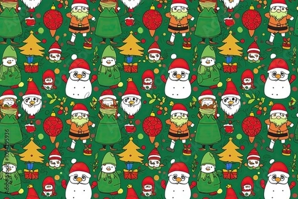 Fototapeta Vibrant Holiday Character Seamless Pattern Illustration with Fun Doodles and Cheerful Colors