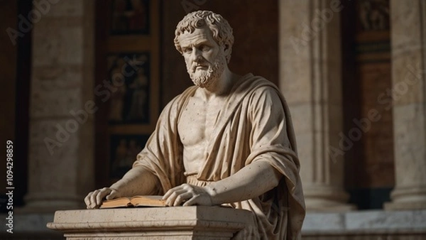 Fototapeta Statue of Aristotle: Aristotle dressed in ancient Greek robes, seated at the academy's podium, with books and symbols of philosophy and science in the background.