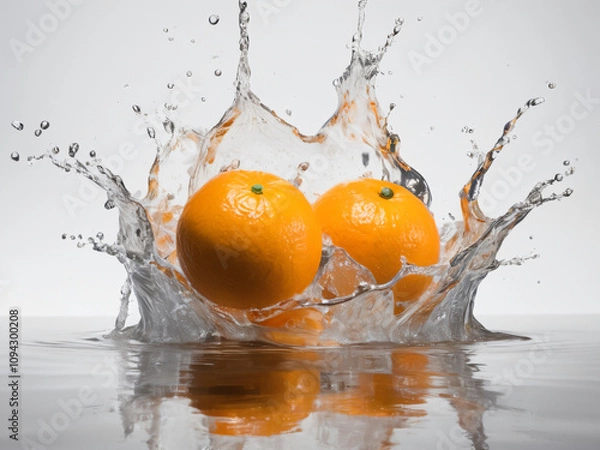 Fototapeta Vivid oranges splashed with water, creating dynamic droplets.