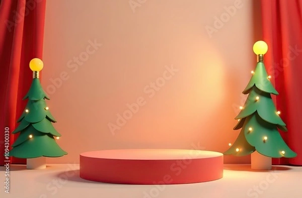 Obraz Set of 3D abstract background with red, cream, green realistic cylinder podium. Neon bulb light on triangles christmas tree. Vector mockup product display. New year minimal wall scene. Stage showcase