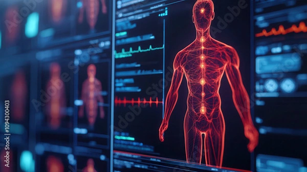 Fototapeta Artificial intelligence enables precision medicine through advanced monitoring. Visualizing human anatomy with advanced diagnostics and AI technology.