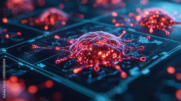 Fototapeta Artificial intelligence enables precision medicine through advanced monitoring. Digital representation of cancer cells with glowing details and intricate patterns.
