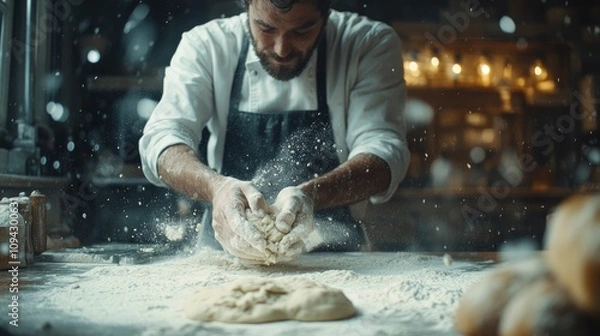 Fototapeta A baker kneads dough in a flour-dusted kitchen, emphasizing the art of bread-making.