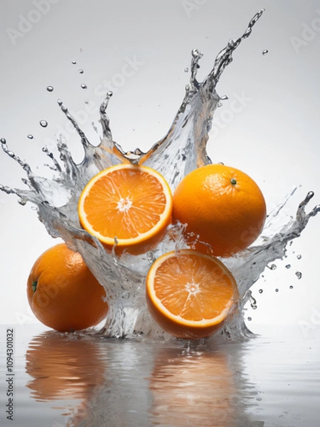 Fototapeta Vivid oranges splashed with water, creating dynamic droplets.