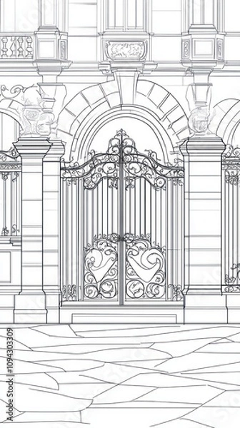 Fototapeta A detailed line drawing of an ornate gate and architectural elements.