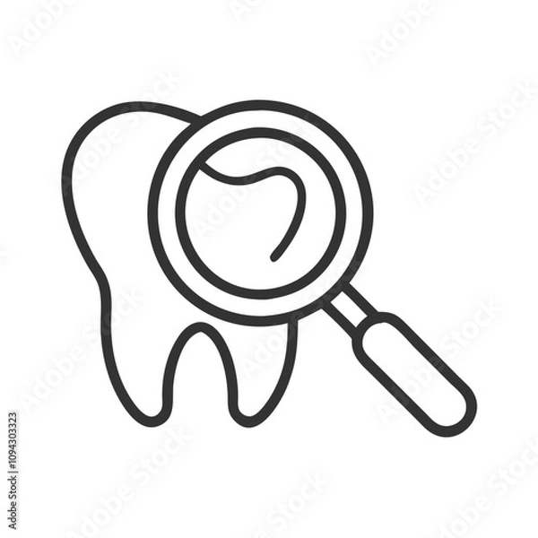 Fototapeta Tooth with magnifying glass icon in line art style for dental inspection