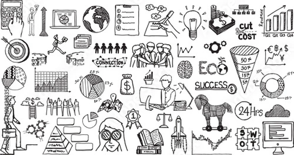 Obraz Hand drawn business plan sketch doodle icons on transparent background. Vector illustration.