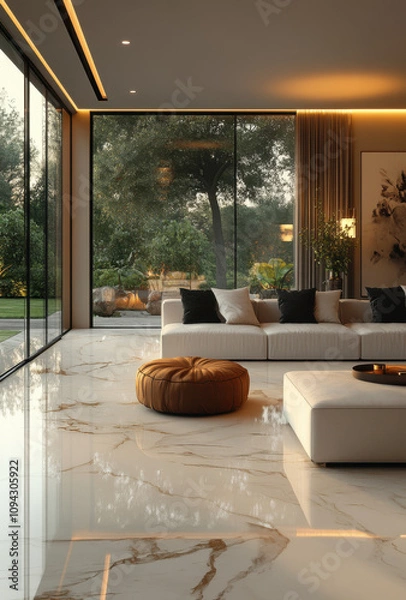 Fototapeta Modern interior design, a living room in a villa with a white marble floor and large windows leading to the garden. Glass walls on one side of the bedroom, minimal furniture with dark color accents.