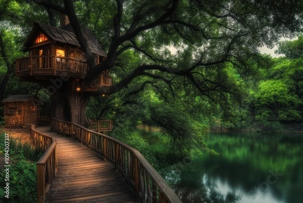 Fototapeta A serene treehouse surrounded by lush greenery and a tranquil water body.