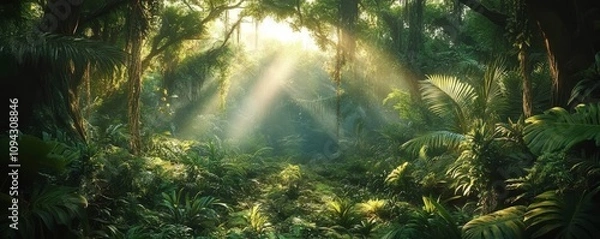 Obraz Lush Jungle Landscape Adventure with Palm Trees Tropical Plants and Dense Foliage in Mystical Rainforest