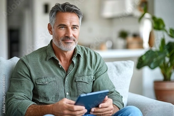 Obraz Middle aged man relaxing on couch using tablet in modern living room with casual attire and thoughtful expression