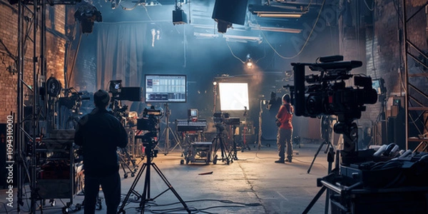 Fototapeta Studio filming video clip shoot scene. Pre-production and filming set.
