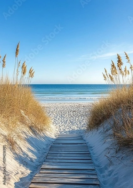 Obraz Pathway to the Sandy Beach at the Ocean with Golden Grasses and Calm Sea under Clear Blue Sky