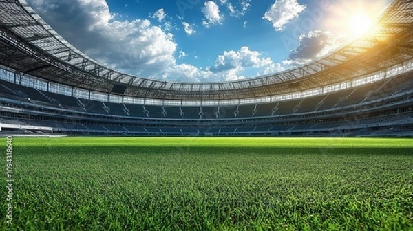 Obraz Modern Stadium with Green Soccer Field and Clear Sky on Sunny Day