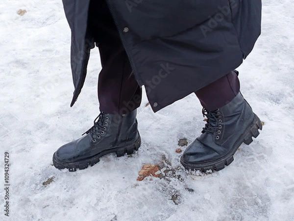 Fototapeta Feet in warm, black boots on the snow. A man in a black, long down jacket walks through the snow in winter. Winter clothes. Frost in the city.