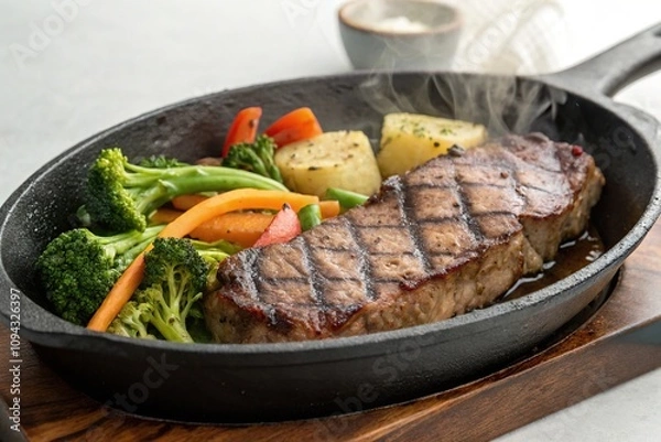 Obraz A beef strip sizzling in a hot skillet with a side of steamed vegetables, cooking method, savory dish, protein rich, balanced diet