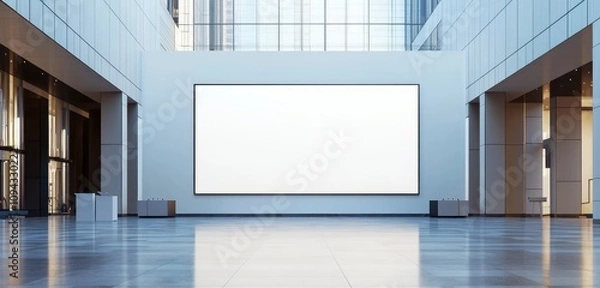 Fototapeta Office lobby setup with a mockup wall flanked by symmetrical conference rooms.