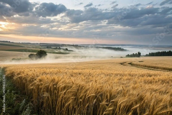 Fototapeta A gentle mist sways across a sea of golden wheat carrying the scent of wet earth and new life, wheat, golden, serenity, mist