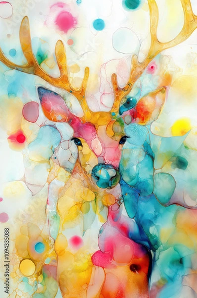 Obraz Christmas reindeer, deer, stag, colourful fantasy watercolor ink painting, minimalist psychedelic abstract art