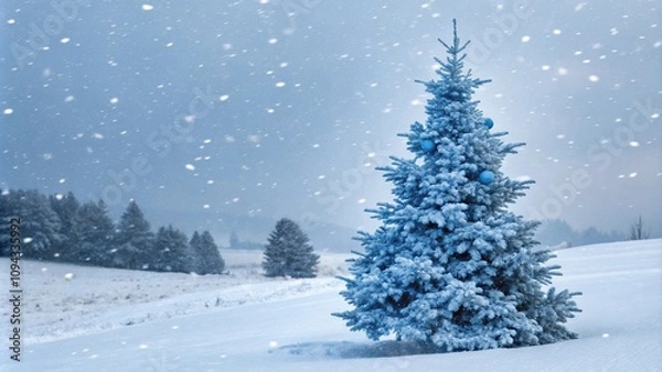 Fototapeta A majestic blue and white Christmas tree with snowflakes gently falling around it, frozen forest, frosty atmosphere, snowflakes