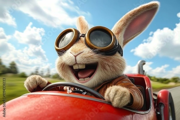 Obraz Adventurous Easter Bunny Driving Vintage Red Car with Aviator Goggles