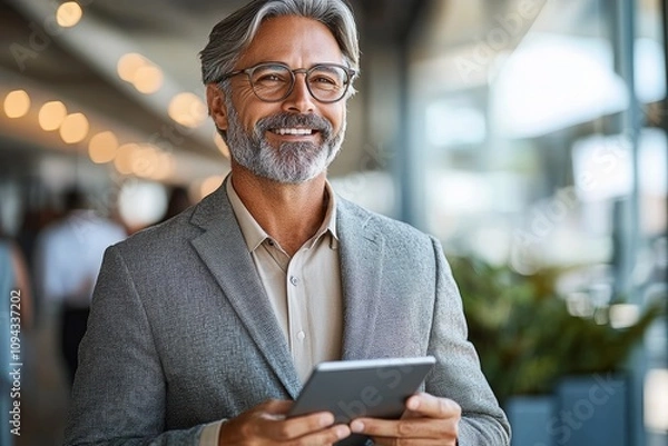 Obraz Middle aged businessman with gray beard and glasses using tablet in modern office smiling