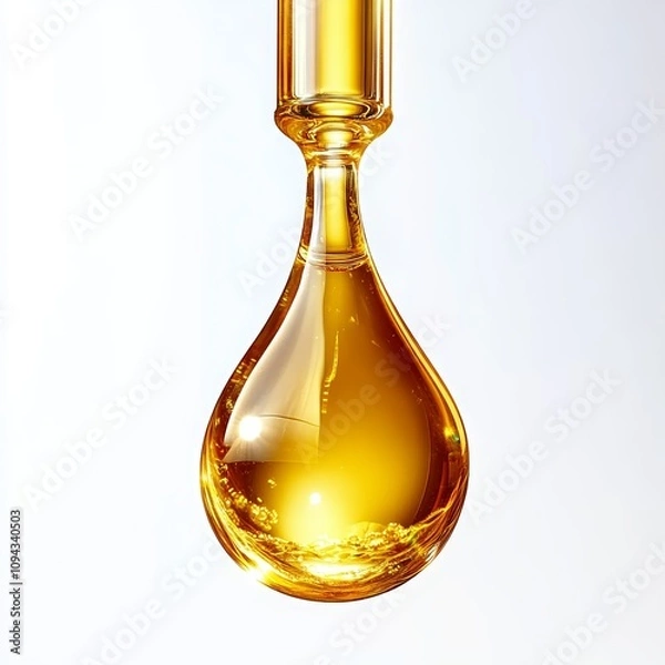 Obraz Golden Liquid Drop from Pipette on White Background Clean Oil Essence Drip