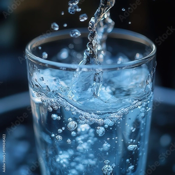 Obraz A refreshing glass of sparkling water filled with bubbles, ideal for hydration and wellness. Perfect for health-related themes.