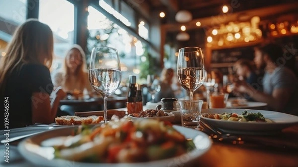 Obraz A lively restaurant scene with diners enjoying meals and drinks in a warm atmosphere.