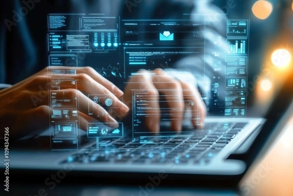 Fototapeta Social Media Page Digital Interface Overlay on Laptop with Typing Hand