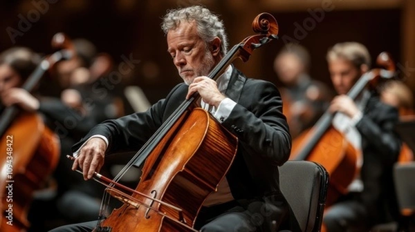 Fototapeta Cellist playing in a symphony orchestra performance