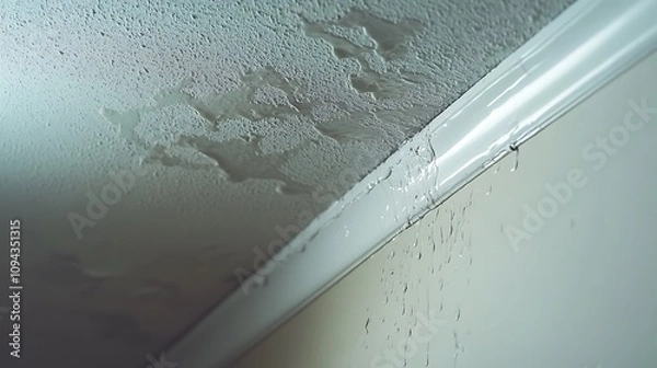 Fototapeta Damage caused by water leakage on a wall and ceiling at condominium. Soft focus.