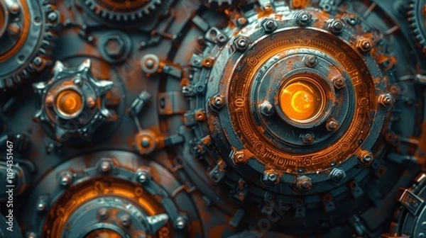 Fototapeta Industrial mechanism close-up workshop setting digital art detailed textures mechanical concepts for seo impact
