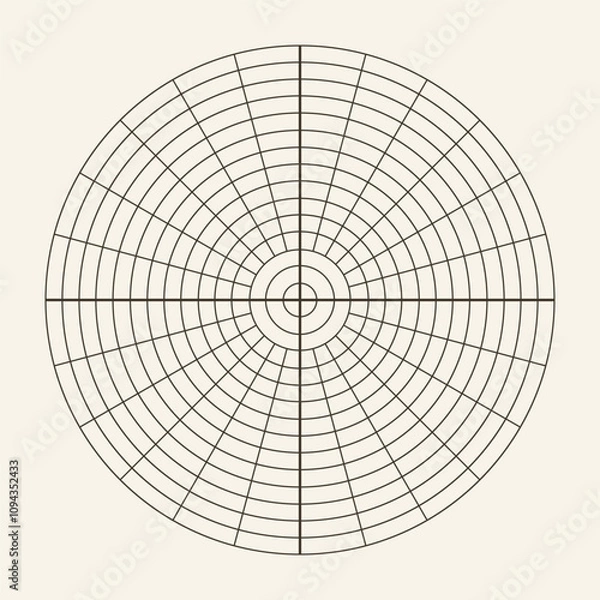 Fototapeta Polar coordinate circular grid isolated on white background. 360 degrees scale. Blank polar graph paper. Vector illustration. Mathematical graph. Lined blank on transparent background.