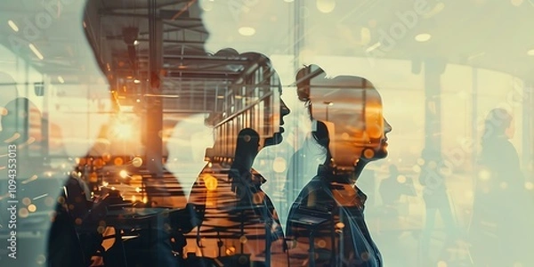 Fototapeta team of business people working together in the office, teamwork background banner, double exposure