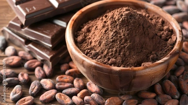 Obraz Cocoa powder in wooden bowl with chocolate bars and beans. (1)