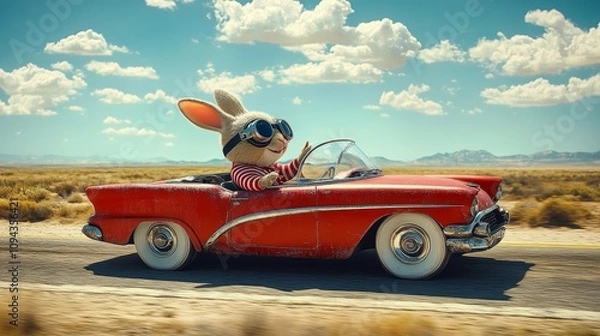 Obraz Easter Bunny Drives Vintage Convertible on Desert Road