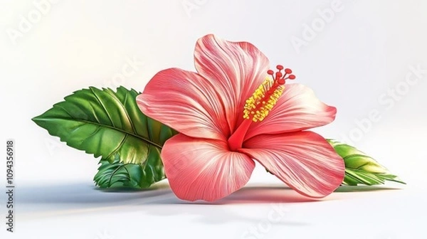 Fototapeta A vibrant pink hibiscus flower with green leaves against a light background.