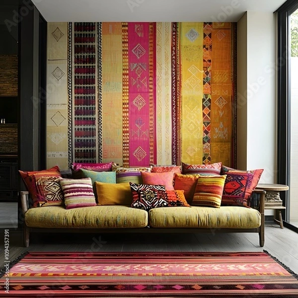 Fototapeta Vivid Geometric Patterns Inspired by Thai Hill Tribes in a Seamless Fabric Effect