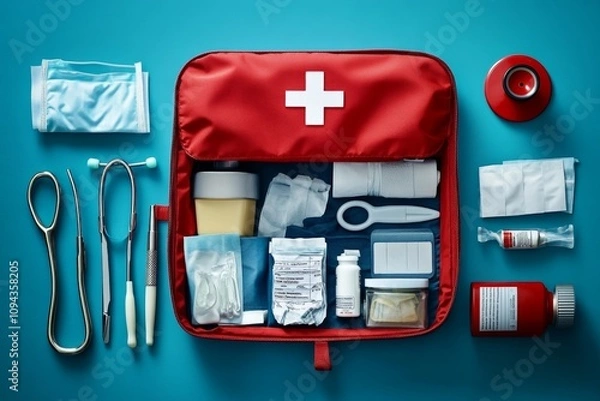 Obraz Red First Aid Kit Open with Medical Supplies Bandages Scissors Tweezers Stethoscope First Aid Manual Antiseptic