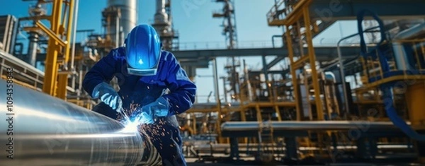 Fototapeta Male worker welding metal pipe in an industrial refinery setting, sparks flying.