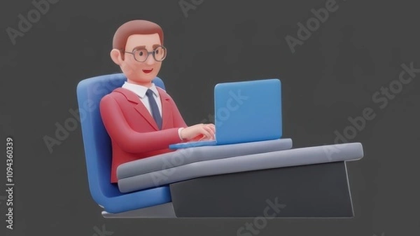 Obraz 3D Businessman Sitting at a Desk Typing on a Laptop